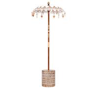 Parasol rond en teck balinais avec une base blanche en coton et en bois massif, taille 95-100 cm. Il est stable, lourd et fait main. Parfait pour l'été, à l'extérieur dans le jardin ou sur la terrasse