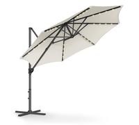 Parasol de Jardin 300 cm, 28 LED Solaires, UPF 50+, Pivotant à 360°, Inclinaison Fluide, Manivelle, avec Base en Croix, Blabc Crème