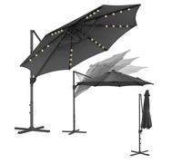 Parasol de Jardin 300 cm, 28 LED Solaires, UPF 50+, Pivotant à 360°, Inclinaison Fluide, Manivelle, avec Base en Croix, Gris