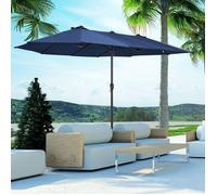 Parasol de jardin bleu avec manivelle, forme ovale, dimensions 460 x 270 x 240 cm, adapté pour terrasse ou marché.