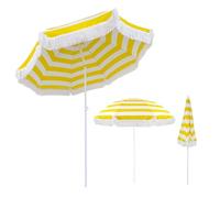 Parasol de Jardin Plage Anti UV 50+ 180cm Inclinable Frange Jaune Blanc Rayé Balcon Terrasse Extérieur