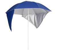 Parasol de plage avec panneaux latéraux, bleu, longueur d'arc : 215 cm, tissu d'ombrage en polyester avec revêtement argenté, mât en acier robuste, protection solaire idéale pour l'extérieur, le