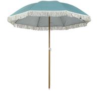 Outsunny Parasol de plage Ø 1,7 m mât effet bois à franges réglable UPF50+ Bleu clair sac inclus