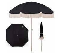 Parasol de Terrasse de 180 Cm avec Franges, Parasol de Plage Bohème Inclinable avec Sac de Transport, Mât en Bois, pour Jardins, Terrasses et Piscines