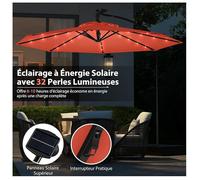 Parasol Déporté Ø3M - GIANTEX - Parasol pour Terrasse - Parasol Inclinable - 32 LED - Rotatif à 360° - Pied en Croix - Orange