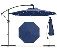 Parasol Déporté Ø3M - GOPLUS - Parasol pour Terrasse - Parasol Inclinable - 32 LED - Rotatif à 360° - Pied en Croix - Bleu Foncé