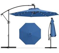 Parasol Déporté Ø3M - GOPLUS - Parasol pour Terrasse - Parasol Inclinable - 32 LED - Rotatif à 360° - Pied en Croix - Bleu Clair