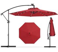 Parasol Déporté Ø3M - GOPLUS - Parasol pour Terrasse - Parasol Inclinable - 32 LED - Rotatif à 360° - Pied en Croix - Rouge