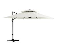 Parasol Déporté Carré Double Toit Inclinable Pivotant Manivelle Lestage Inclus Acier Polyester Écru
