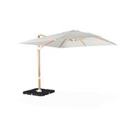 sweeek - Parasol déporté carré ecru 3x3m structure effet bois + Lot de 4 dalles à lester 50x50cm