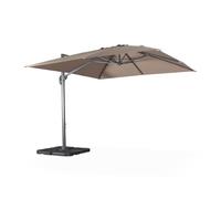 Parasol déporté carré taupe 3x3m structure grise + Lot de 4 dalles à lester 50x50cm