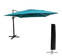 Parasol déporté MOLOKAI carré 3x3m bleu avec manivelle. Parasol déporté inclinable, rabattable et rotatif avec housse de protection.