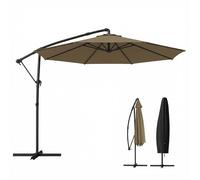 Outsunny Parasol déporté rond 3 m, parasol de jardin extérieur avec housse de protection, inclinable, manivelle et rotation à 360°, toile polyester 180 g/m², protection UV UPF50+, kaki
