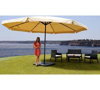 Parasol Meran Pro, parasol de marché gastronomique avec volant Ø 5m polyester/alu 28kg ~ crème avec support