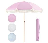 Parasol Plage, Parasol à Frange Parasol de terrasse de 2,1 m avec franges, protection UV 50+, parasol de pique-nique avec mât en aluminium, baleines, bouton-poussoir, inclinaison et sac de transport(P
