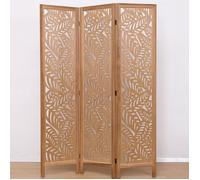 Paravent ajouré, séparateur de pièce en bois avec motifs feuille, 3 pans coloris brun clair - Hauteur 170 x longueur 120 cm