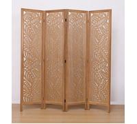 Paravent ajouré, séparateur de pièce en bois avec motifs feuille, 4 pans coloris brun clair - Hauteur 170 x longueur 160 cm