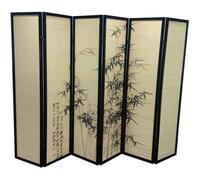 Paravent bois noir et bambou avec motifs vegetaux 6 pans, H 175 x L 240 cm