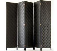 Paravent de 5 pans tressé en Fibres Naturelles Coloris Noir - Dim : H180 x L225 cm - PEGANE -