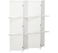 HOMCOM Paravent intérieur 4 Panneaux 181L x 180H cm 2 étagères Pliables séparateur de pièce Bois de pin Bambou Fibres de Papier tressée Blanc Paille