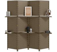 Paravent intérieur 4 panneaux 2 étagères pliables séparateur de pièce bois de pin bambou fibres de papier tressée marron paille