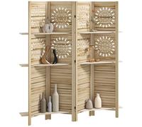 HOMCOM Paravent intérieur 4 Panneaux et 3 étagères, 160 x 170 cm, séparateur de pièce Pliable en Bois de Paulownia, cloison de séparation pour Salon, Chambre à Coucher, Maison, Bois Naturel