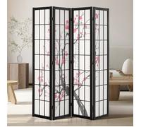 Paravent japonais 4 panneaux bois avec fleurs de cerisier - séparateur de pièce pliable classique pour intimité maison/bureau noir