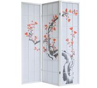 Paravent japonais fleur de cerisier en bois blanc de 3 pans, Longueur 132 x Hauteur 175 x Profondeur 2 cm