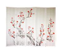 Paravent japonais fleur de cerisier en bois blanc de 5 pans, L220 x H175 x P2 cm
