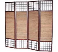 Paravent japonais séparateur de pièce avec 4 pans en bois avec bambou coloris marron