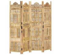 Paravent Mango sculpté à la main 160 x 165 cm, bois MDF massif marron clair | MDF et bois massif de manguier avec finition naturelle, motif sculpté à la main, pliable, pour chambre à coucher et dressing