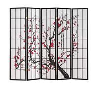 Paravent noir en 5 panneaux - Paravent Shoji en bois avec motif de fleurs de cerisier