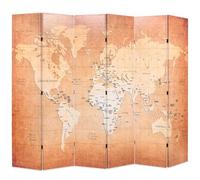 Paravent pliable 228 x 170 cm avec cadre en bois solide et carte du monde imprimée des deux côtés en jaune, autoportant comme paravent, brise-vue et cloison pour salon, chambre à coucher, bureau