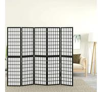 Paravent Pliant à 5 Panneaux, Bois de Sapin Massif et Papier de Riz, Séparateur de Pièce, Cloison Intérieure et Extérieure, Style Japonais, Noir, 200 x 170 cm