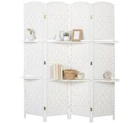 HOMCOM Paravent séparateur de pièce 4 Panneaux 160 x170 cm avec 2 étagères, Pliable, en Bois pour Le Bureau, Salon, Chambre, Blanc