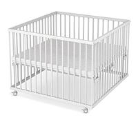 Parc à bébé Sämann® 100x100 cm avec matelas, testé TÜV 2020, réglable en hauteur en continu, parc à bébé, hêtre, roulettes caoutchoutées, laqué blanc.