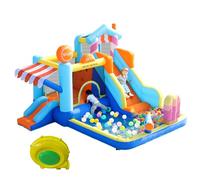 Parc aquatique avec double toboggan, trampoline et fontaine - Château gonflable avec ventilateur, pistolets à eau, toit pare-soleil, pour 3 à 8 ans, Oxford 395 x 340 cm