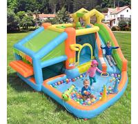 Parc aquatique extérieur gonflable : château gonflable avec toboggan d'eau et pataugeoire, ventilateurs, pistolets à eau, panier de basket, cuisine de jeux, tissu Oxford, 360 x 350 x 210 cm, jardin