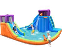 Parc aquatique gonflable COSTWAY, double toboggan aquatique avec 4 arroseurs, 2 canons à eau & pataugeoire, château gonflable d'extérieur