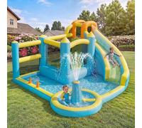 Parc Aquatique Gonflable pour Enfants - Centre de Jeux Tout-en-Un : Château, Toboggan, Trampoline, Mur d'escalade & Pataugeoire - Souffleur Inclus - Tissu Oxford Robuste