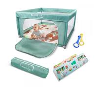 Mobiclinic®kids, Parc enfant + tapis de jeu réversible, Pliable, 125x125cm, Sac transport, Maille respirante, Happyland, Tissu lavable, Poignées, Pour bébé, Sécurisé, Entrée latérale (vert)