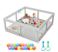 Parc bébé 120 x 120 cm et 65 cm de haut. Elle est livrée avec un sac de transport et de nombreux accessoires, 50 boules océaniques colorées,dont des crochets doubles et des portes à fermeture éclair,