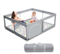 Parc bébé 120 x 120 cm et 65 cm de haut. Il comprend 50 balles océaniques souples et non toxiques, un sac de transport, deux sangles pour aider bébé à se tenir debout et une porte zippée pour éviter q