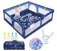 Parc Bebe 130x130 cm,Modulable,Parc Enfant avec Fond Antidérapant,Tissu Respirant,Anneaux de Grimpe et Sac de Transport,Boules de Jouet,Centre d'Activités Intérieur et Extérieur,Bleu Foncé