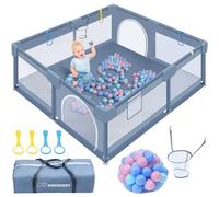 Parc Bebe 130x130 cm,Modulable,Parc Enfant avec Fond Antidérapant,Tissu Respirant,Anneaux de Grimpe et Sac de Transport,Boules de Jouet,Centre d'Activités Intérieur et Extérieur,Gris