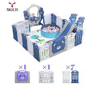 Parc Bébé 14+2 panneaux - Magic ZC Clôture Pliant de multifonction, avec balançoire, toboggan et Boule de l'océan - WLC Bleu gris