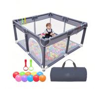 Parc bébé 150 x 180 cm et 65 cm de haut. Il est doté d'une porte zippée pour faciliter l'entrée et la sortie, et se plie à plat pour un rangement facile. Il comprend également 50 balles océaniques sou
