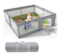 Parc bébé 150 x 180 cm et 65 cm de haut. Il est doté d'une porte zippée pour faciliter l'entrée et la sortie, et se plie à plat pour un rangement facile. Il comprend également 50 balles océaniques sou