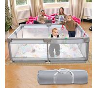 Parc bébé 150 x 180 cm et 65 cm de haut. Il est doté d'une porte zippée pour faciliter l'entrée et la sortie, et se plie à plat pour un rangement facile. Il comprend également 50 balles océaniques sou