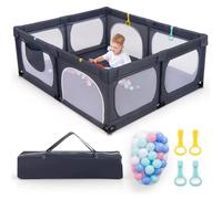 Parc Bébé 190 x 158 cm COSTWAY-4 Anneau de Traction-50 Balle d'Océan-Maille Respirante-Porte à Fermeture-Sac de Transport-Gris